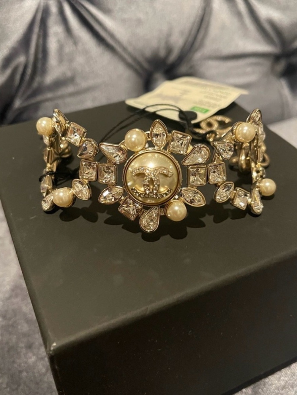 CHANEL Gold Pearl & Crystal CC Medallion Cuff Bracelet